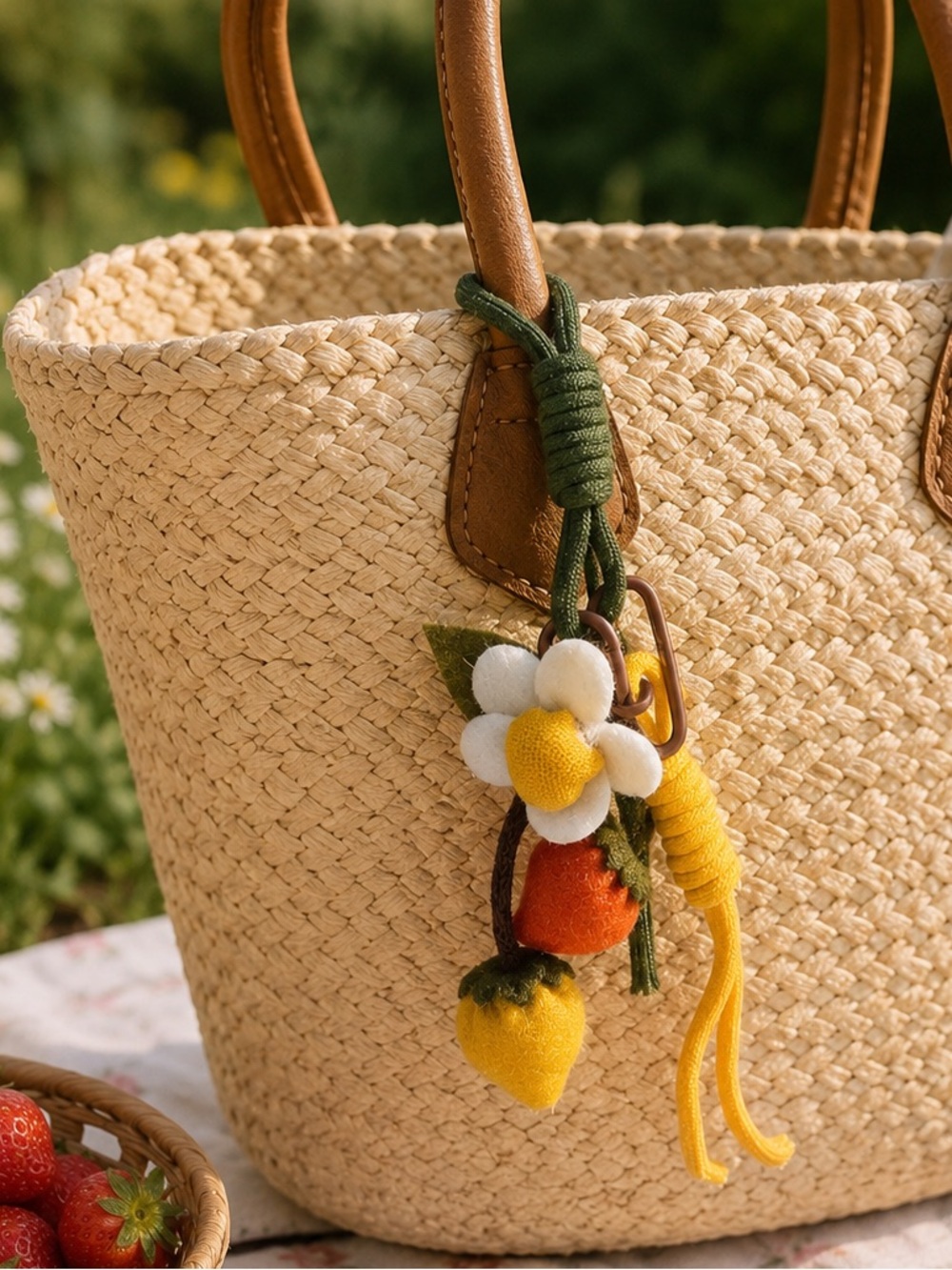 Strawberry Daisy Bag Charm Keychain Boho Cottagecore Accessory New